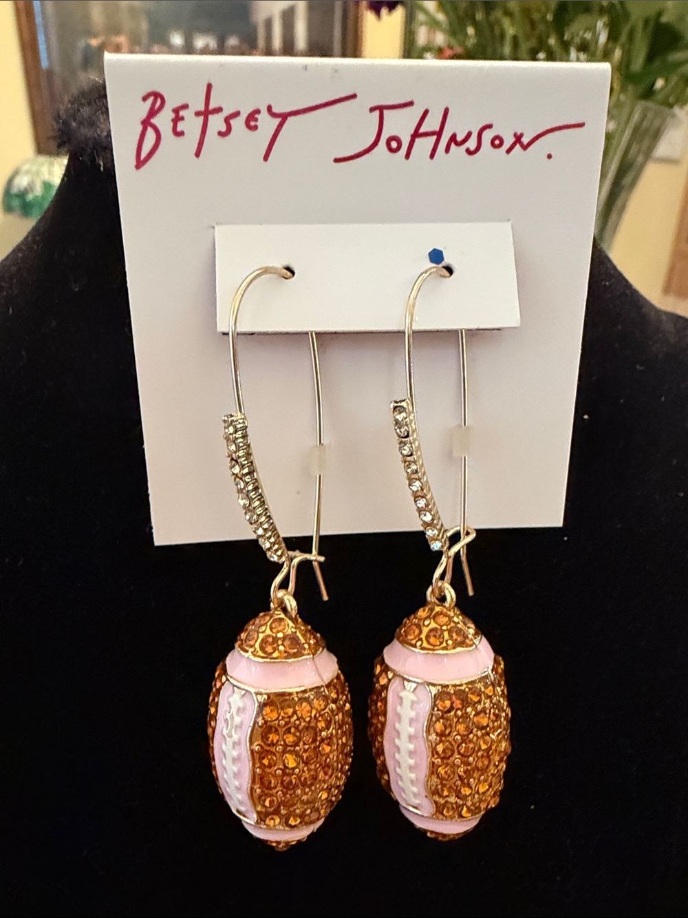 Betsey Johnson Pink and Gold Rhinestone Football Drop Earrings NWT